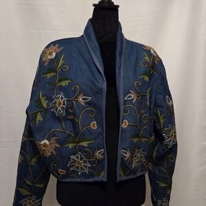 Embroidered Dark Blue Denim Crop Jacket - Women's